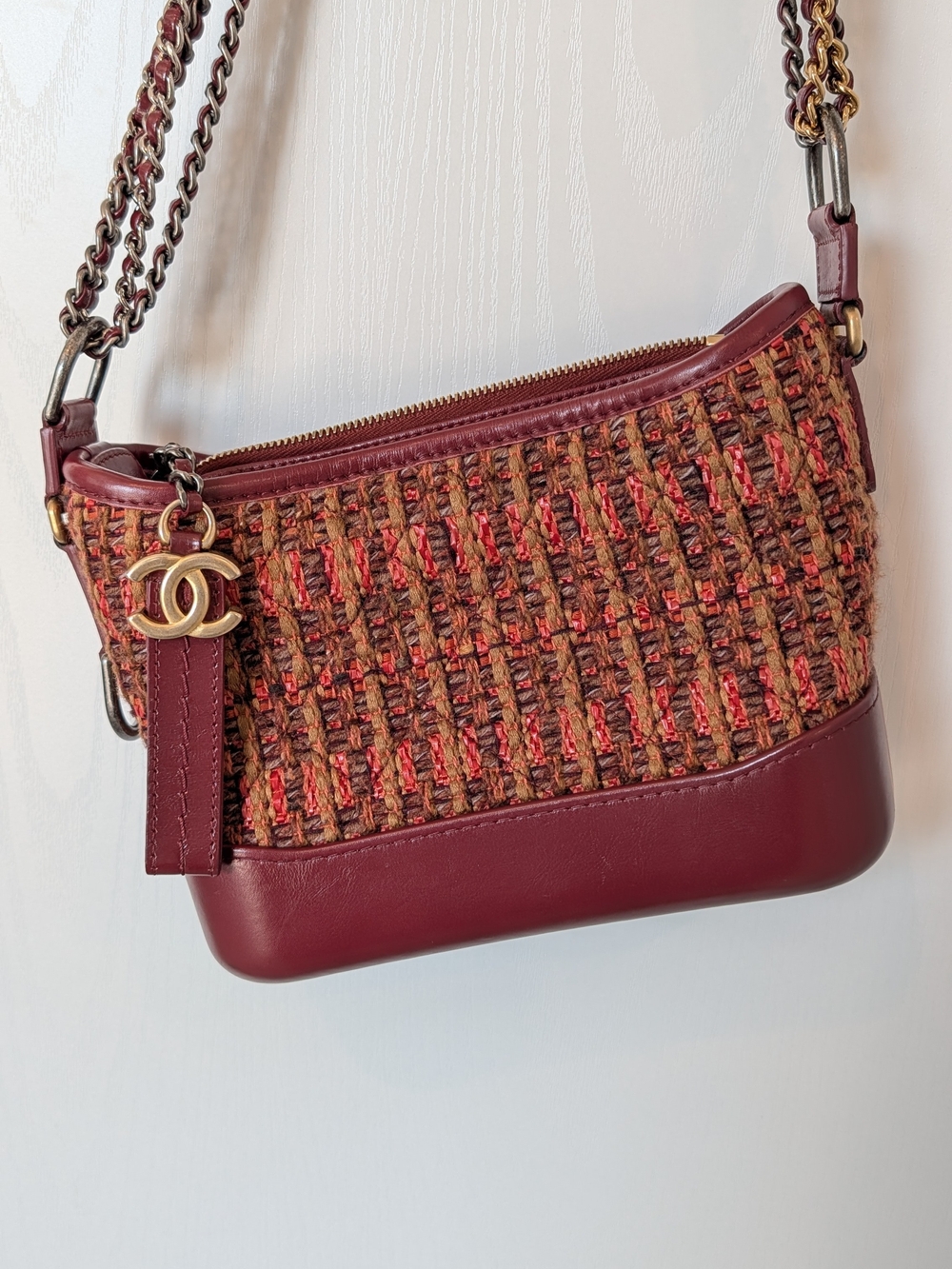 Chanel Gabrielle Burgundy Tweed and Leather Shoulder Bag